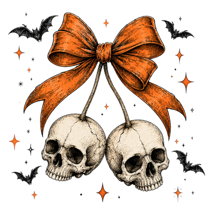 Halloween Skull Cherry PNG – Gothic Skull Bow Bats Spooky Design