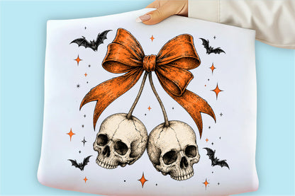 Halloween Skull Cherry PNG – Gothic Skull Bow Bats Spooky Design