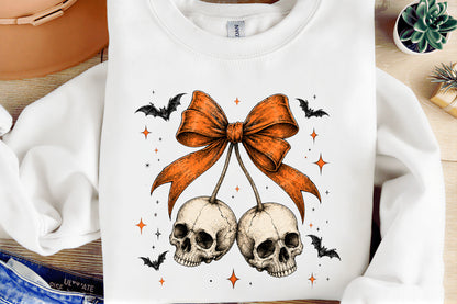 Halloween Skull Cherry PNG – Gothic Skull Bow Bats Spooky Design