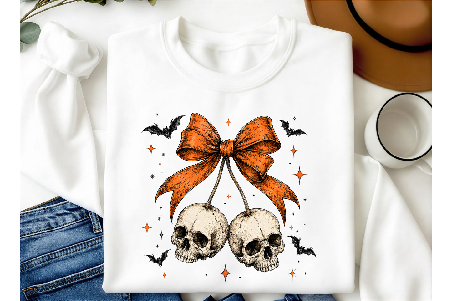 Halloween Skull Cherry PNG – Gothic Skull Bow Bats Spooky Design
