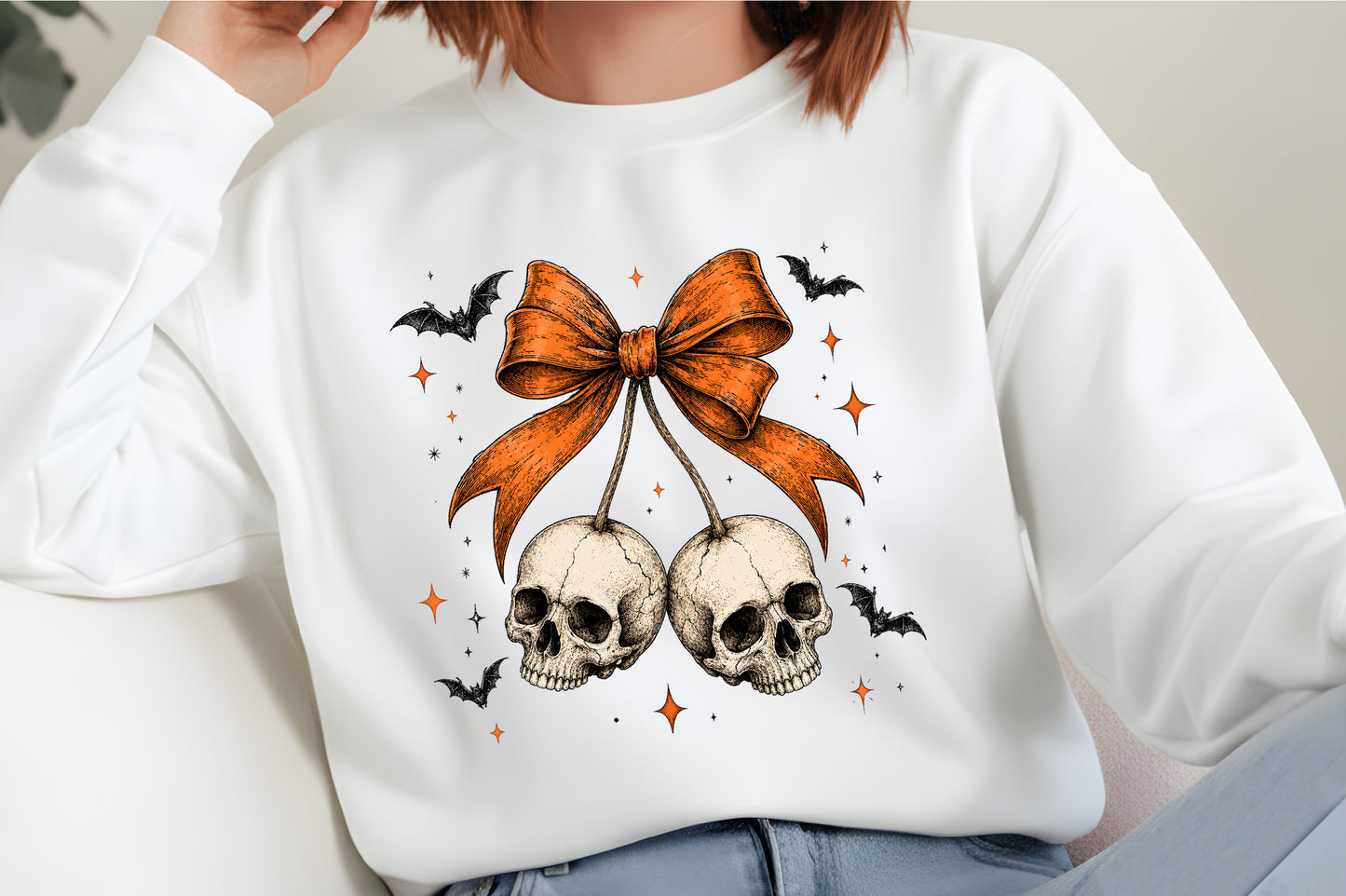 Halloween Skull Cherry PNG – Gothic Skull Bow Bats Spooky Design