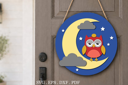 Sleepy Owl on Moon Nursery Sign SVG