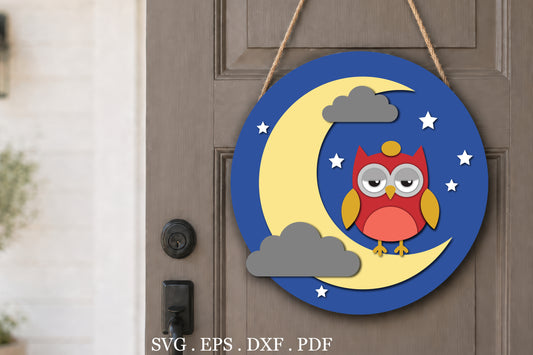 Sleepy Owl on Moon Nursery Sign SVG