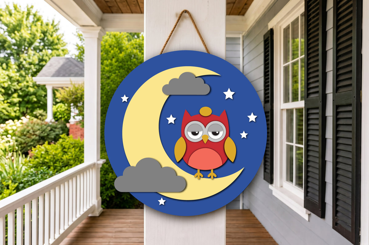 Sleepy Owl on Moon Nursery Sign SVG
