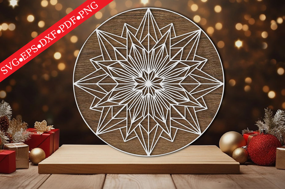 Geometric Snowflake Round Sign Laser Cut SVG