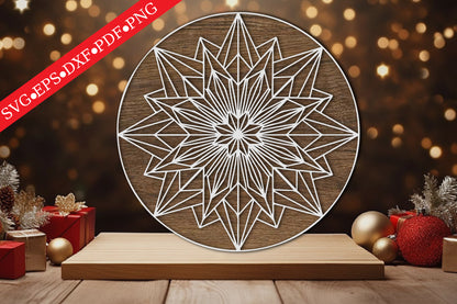 Geometric Snowflake Round Sign Laser Cut SVG