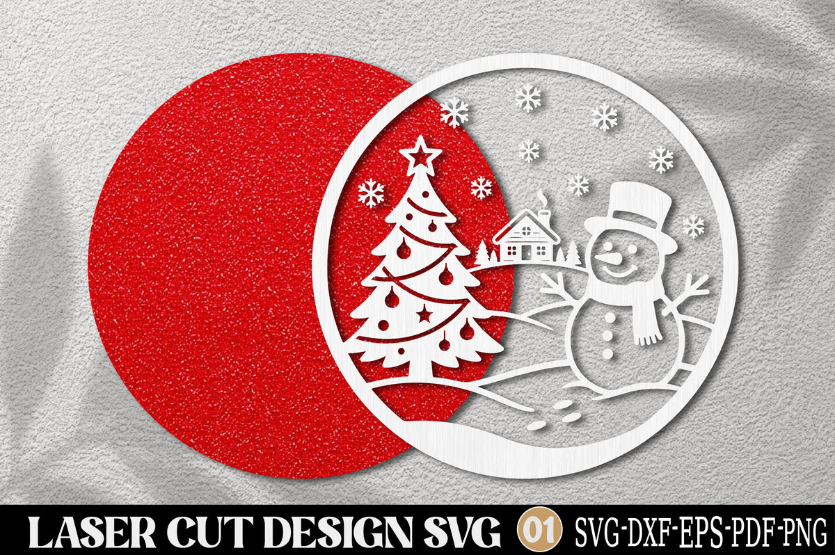 Snowman Christmas Scene Laser Cut SVG | Christmas Tree Snowman Winter Ornament