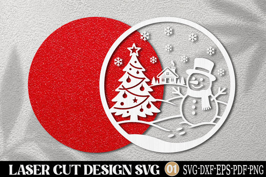 Snowman Christmas Scene Laser Cut SVG | Christmas Tree Snowman Winter Ornament