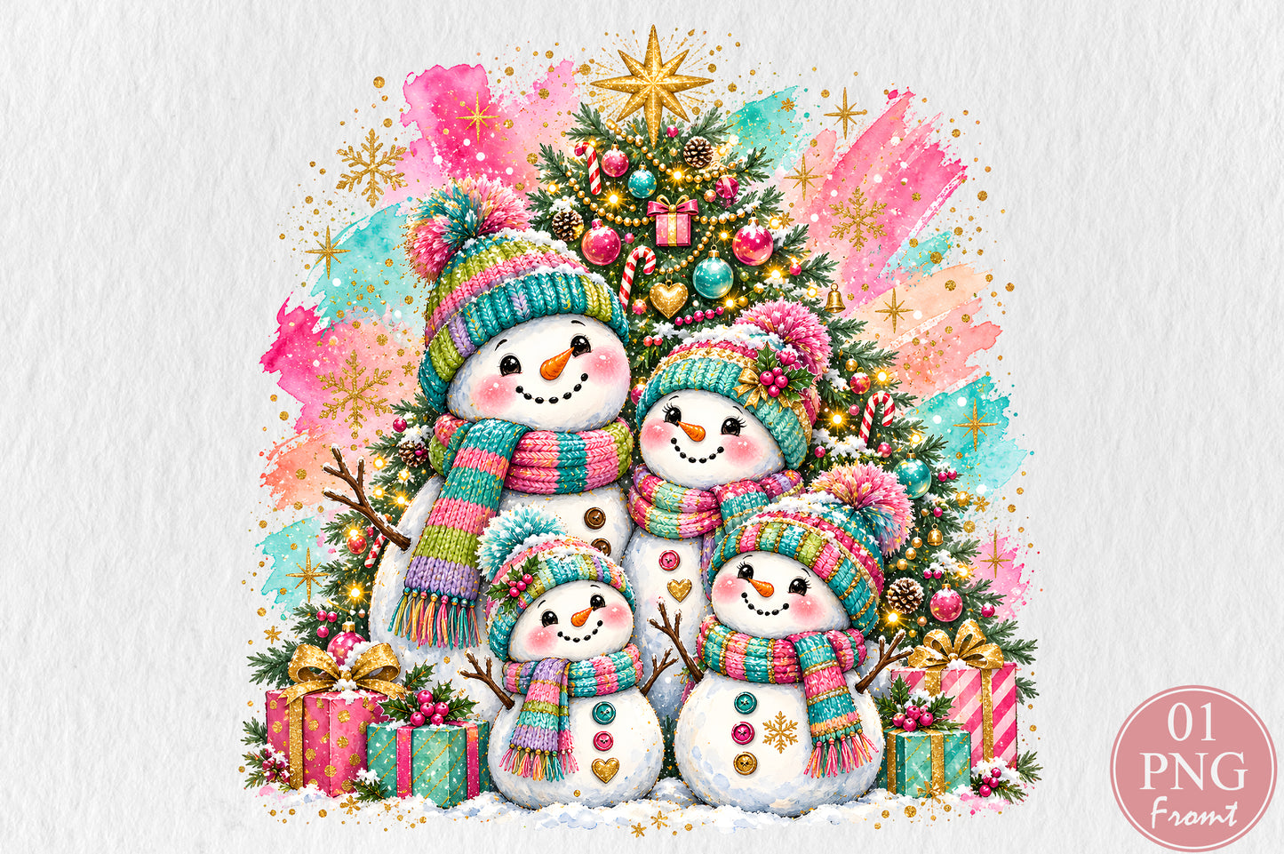 Snowman Family Christmas PNG Cute Winter Tree Gifts Sublimation Design