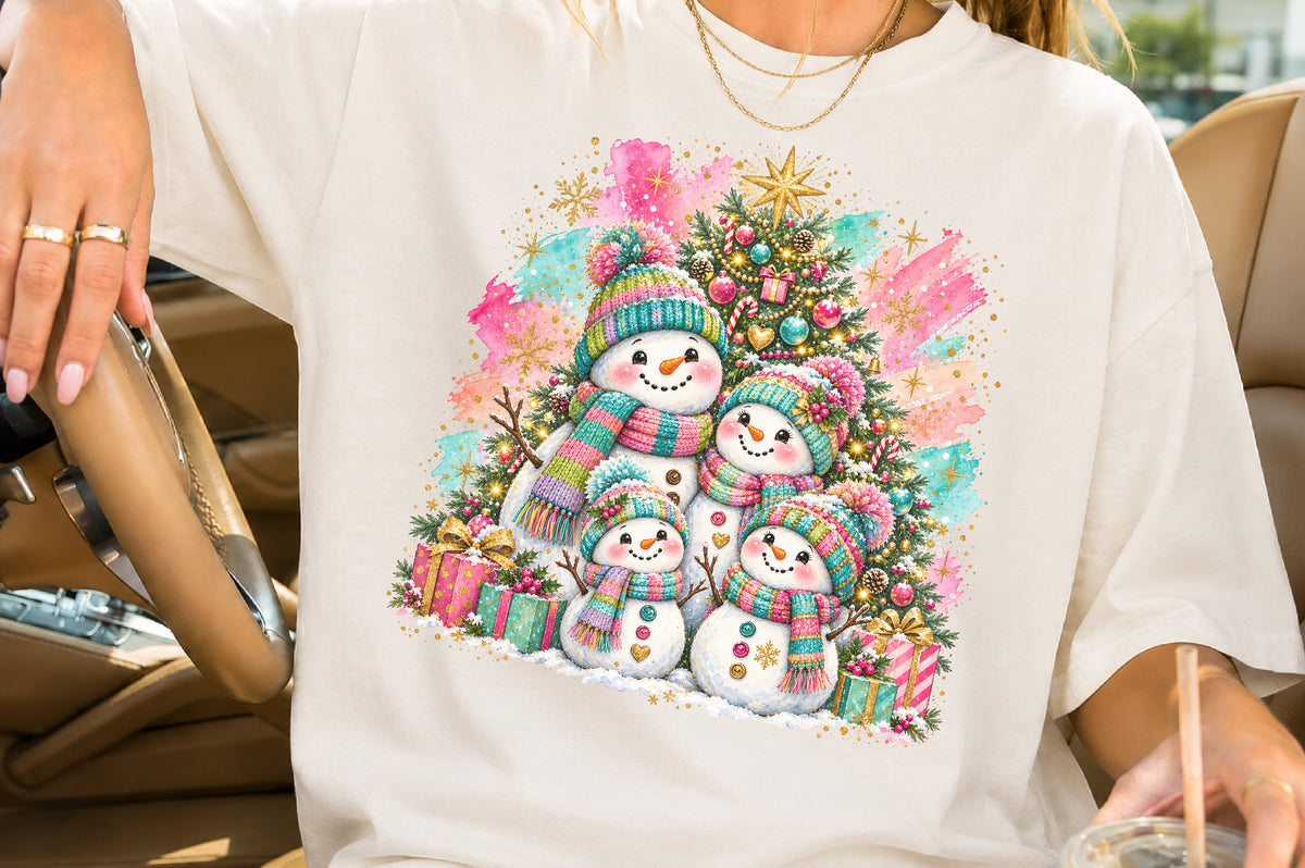 Snowman Family Christmas PNG Cute Winter Tree Gifts Sublimation Design