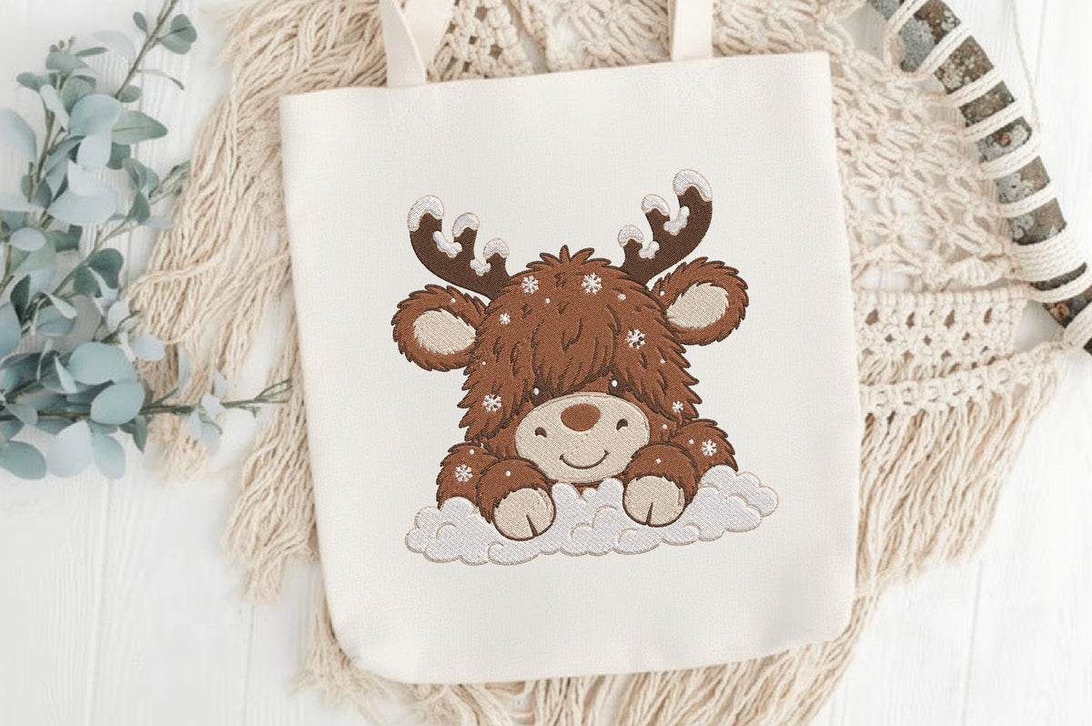 Snowy Reindeer Embroidery Design – Cute Winter Reindeer Machine Embroidery Pattern, Snowy Christmas Holiday Embroidery Design