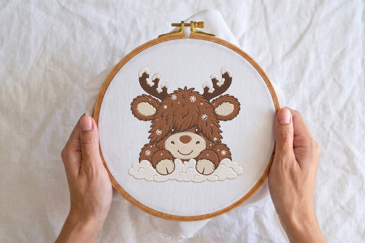 Snowy Reindeer Embroidery Design – Cute Winter Reindeer Machine Embroidery Pattern, Snowy Christmas Holiday Embroidery Design