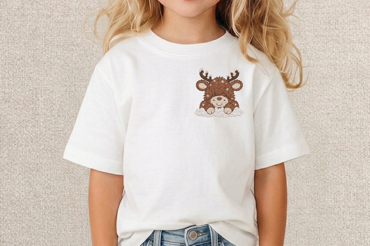 Snowy Reindeer Embroidery Design – Cute Winter Reindeer Machine Embroidery Pattern, Snowy Christmas Holiday Embroidery Design