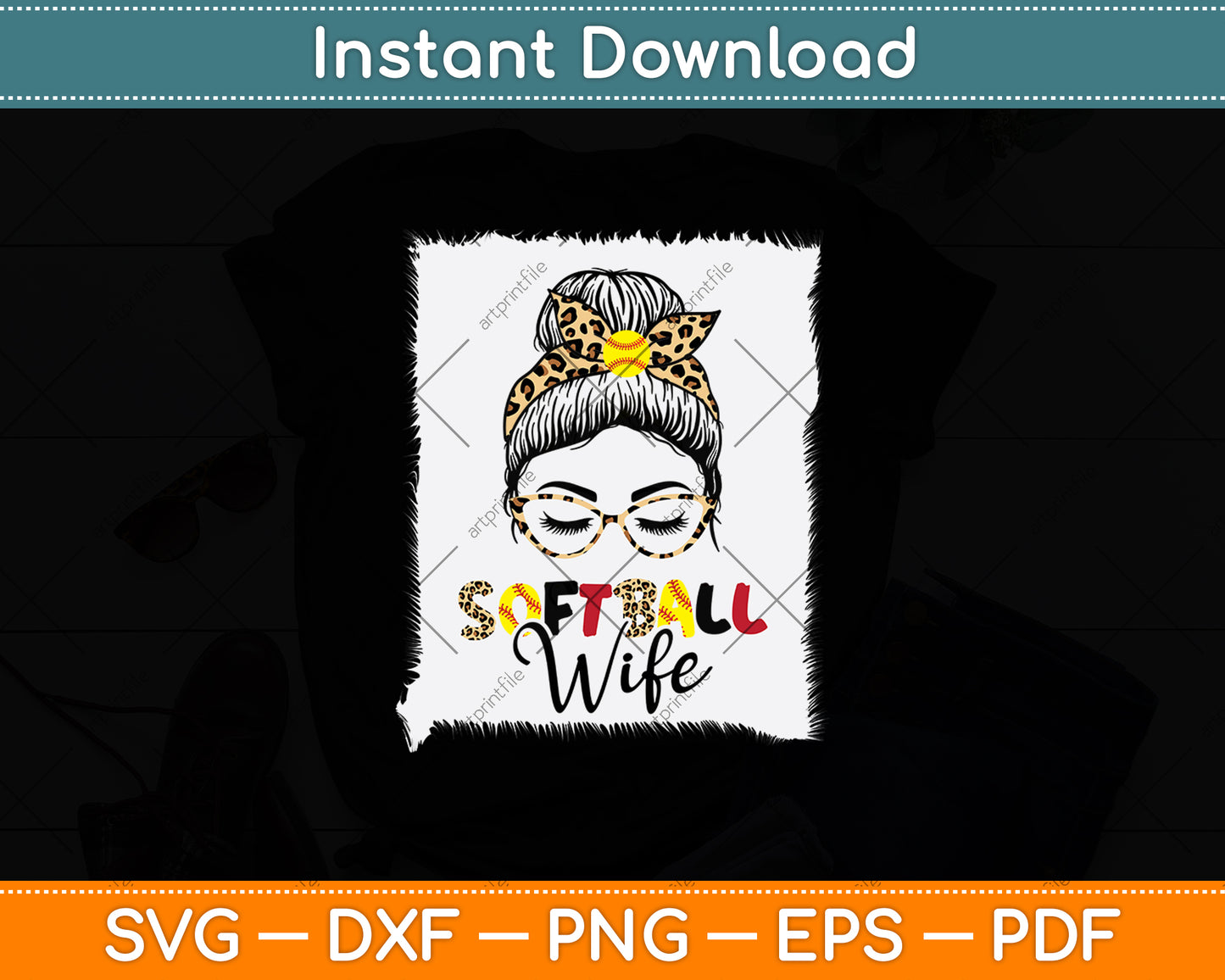 Softball Wife Life With Leopard Messy Bun Mother's Day Svg Digital Cutting File