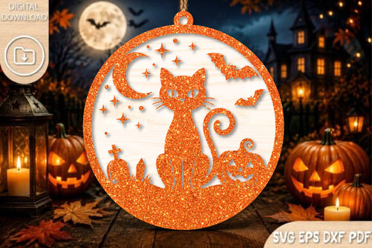 Spooky Black Cat Halloween Ornament SVG