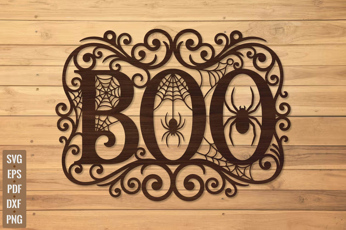 BOO Halloween Door Hanger Laser Cut SVG, Spooky Spider Web Wall Sign Cut File, Halloween Decor