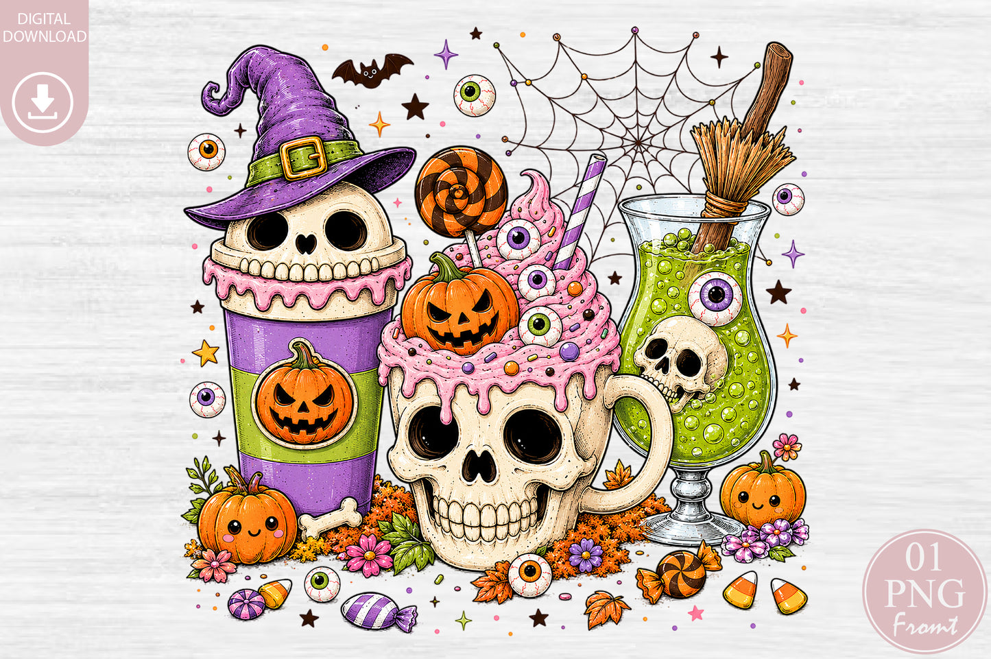 Spooky Cute Halloween Drinks PNG Witchy Skull Potion Sublimation