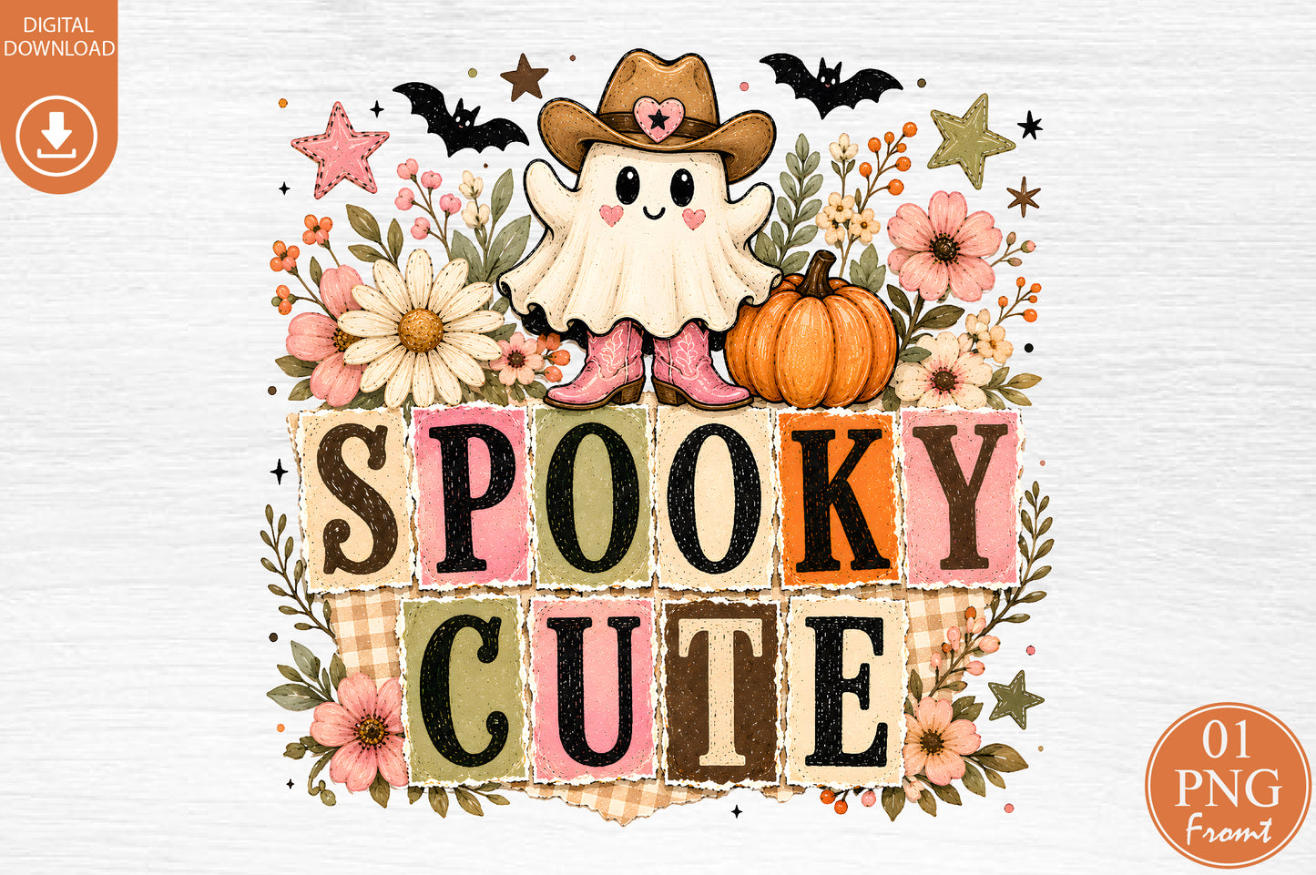 Spooky Cute Halloween PNG Cowboy Ghost Pumpkin Sublimation Design