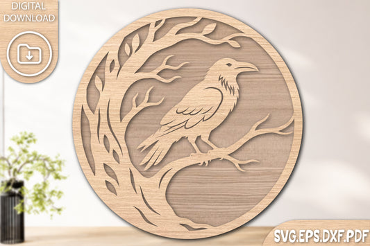 Halloween Raven on Branch Laser Cut SVG