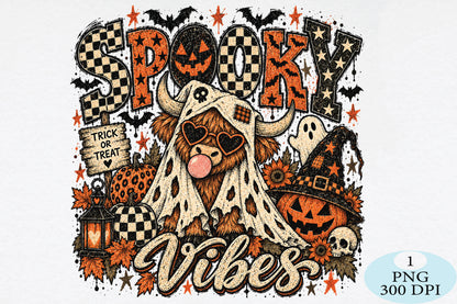 Spooky Halloween Vibes Highland Cow PNG