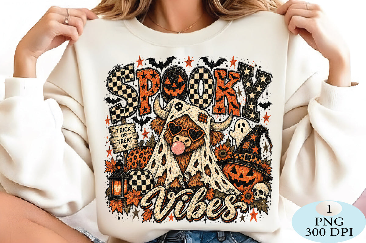 Spooky Halloween Vibes Highland Cow PNG