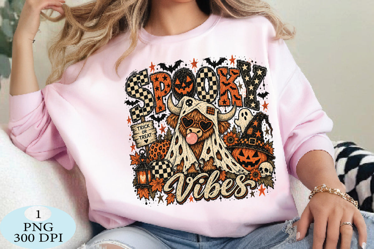 Spooky Halloween Vibes Highland Cow PNG