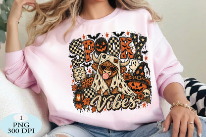 Spooky Halloween Vibes Highland Cow PNG