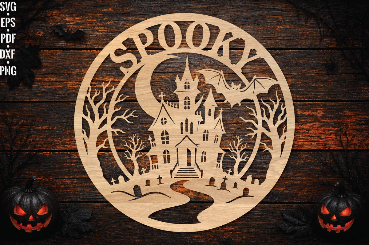 Spooky Haunted House Round Laser Cut SVG, Halloween Haunted Mansion Sign Cut File