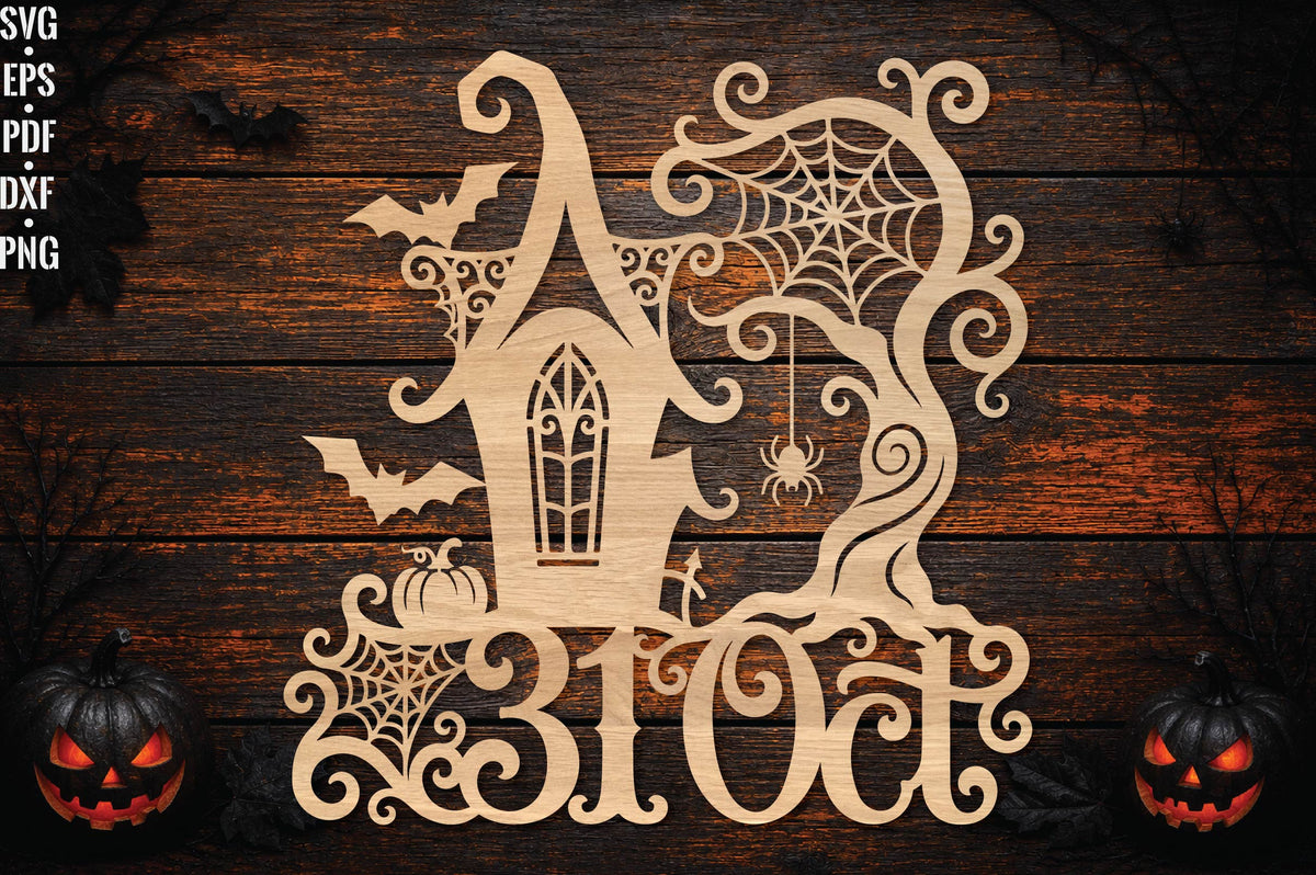 Spooky Halloween Laser Cut SVG, Haunted House BOO Sign SVG, Spider Web Bat Pumpkin Cut File