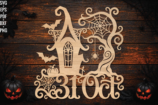 Spooky Halloween Laser Cut SVG, Haunted House BOO Sign SVG, Spider Web Bat Pumpkin Cut File