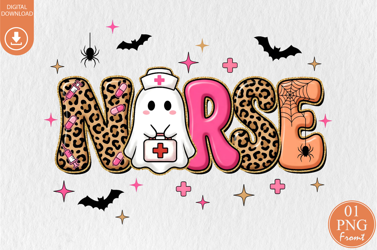 Spooky Nurse Halloween PNG Leopard Ghost Nurse Sublimation Design