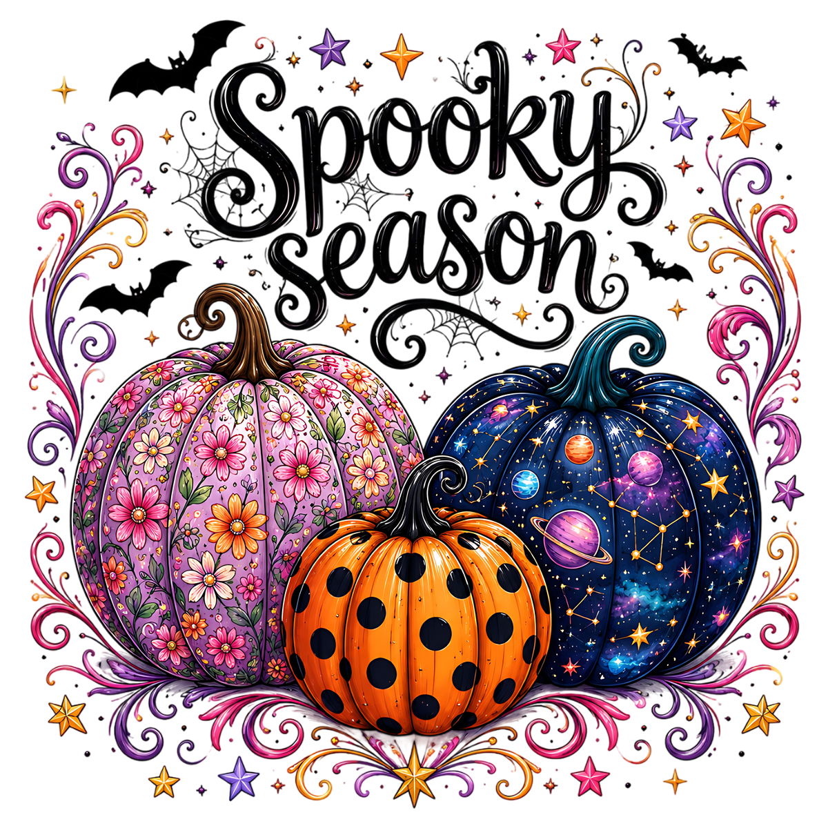 Spooky Season Floral & Galaxy Pumpkins PNG