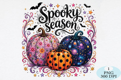 Spooky Season Floral & Galaxy Pumpkins PNG