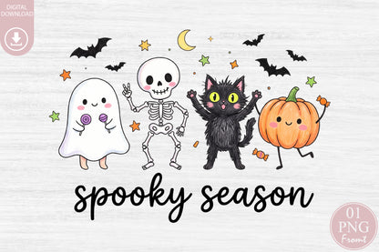 Spooky Season Halloween PNG Bundle Cute Ghost Skeleton Cat Pumpkin Clipart