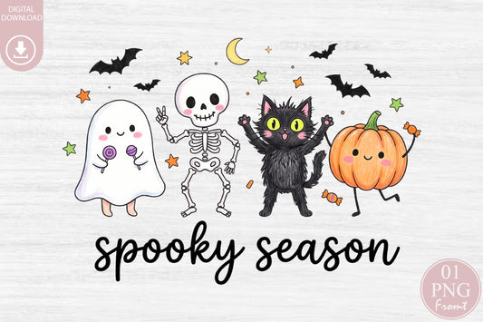 Spooky Season Halloween PNG Bundle Cute Ghost Skeleton Cat Pumpkin Clipart