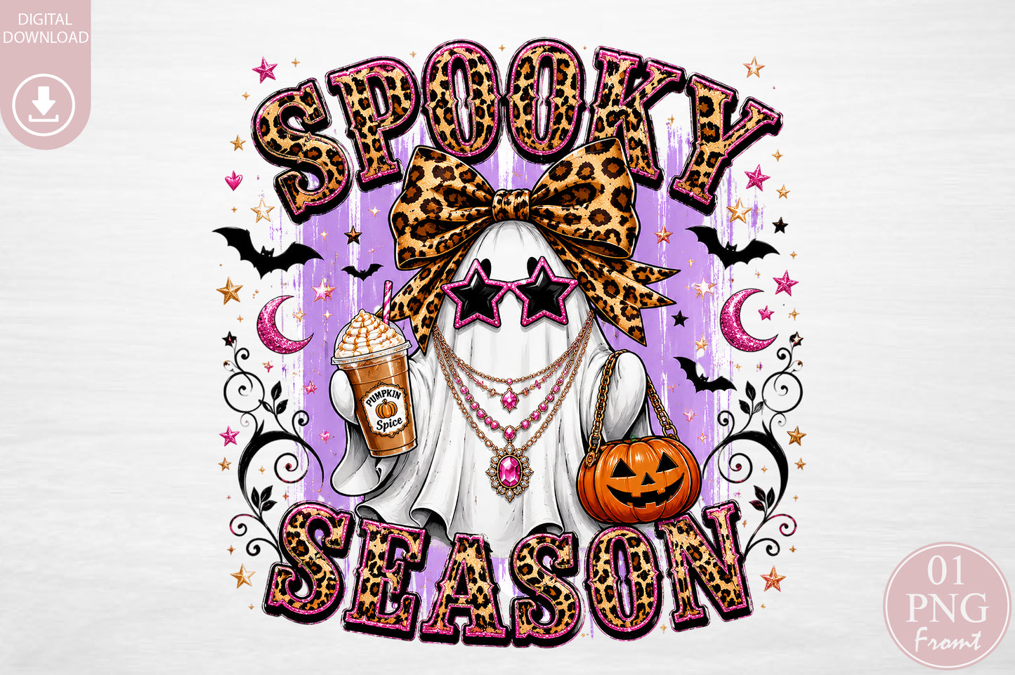 Spooky Season Ghost PNG Leopard Bow Halloween Sublimation Design