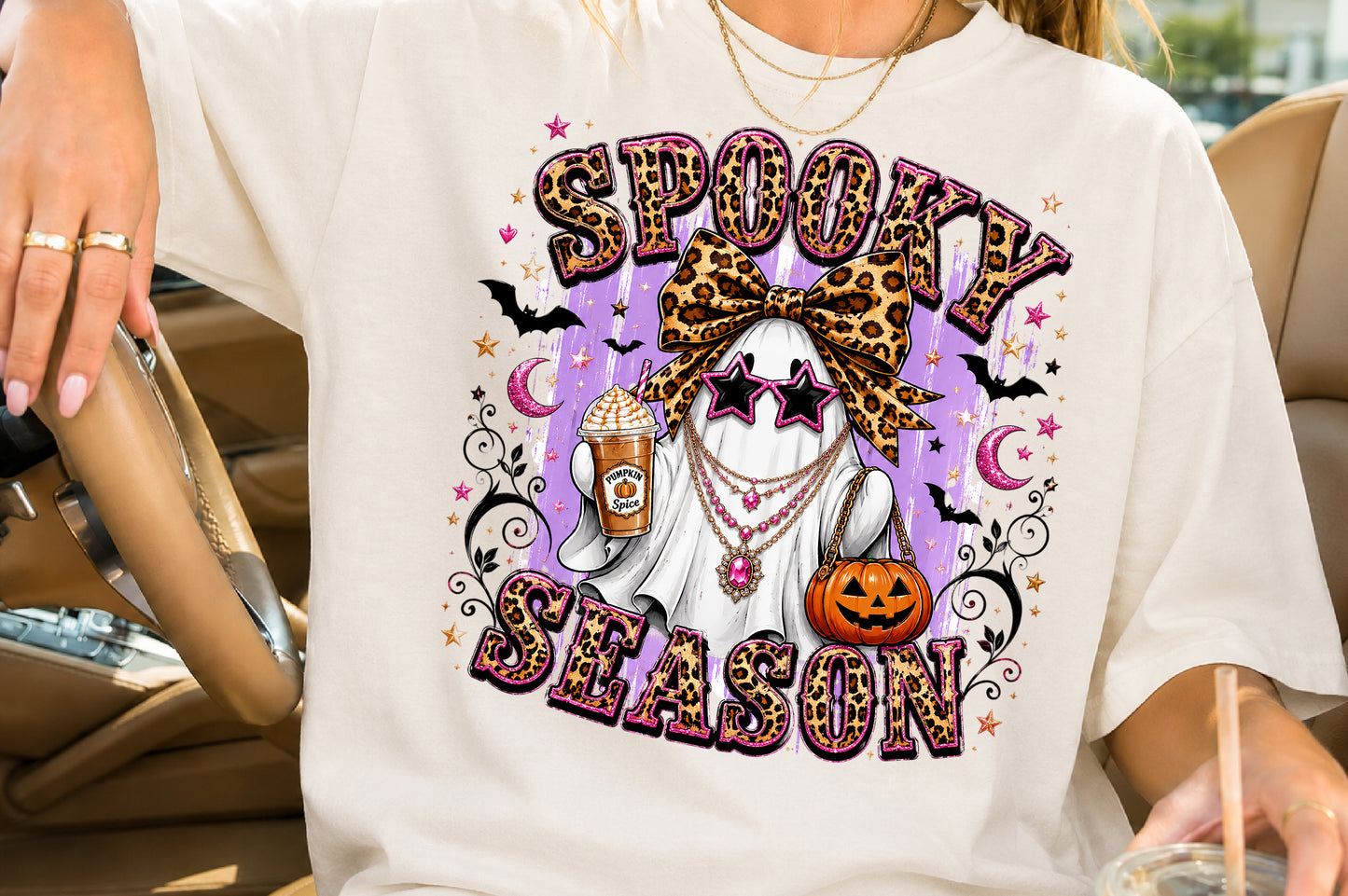 Spooky Season Ghost PNG Leopard Bow Halloween Sublimation Design