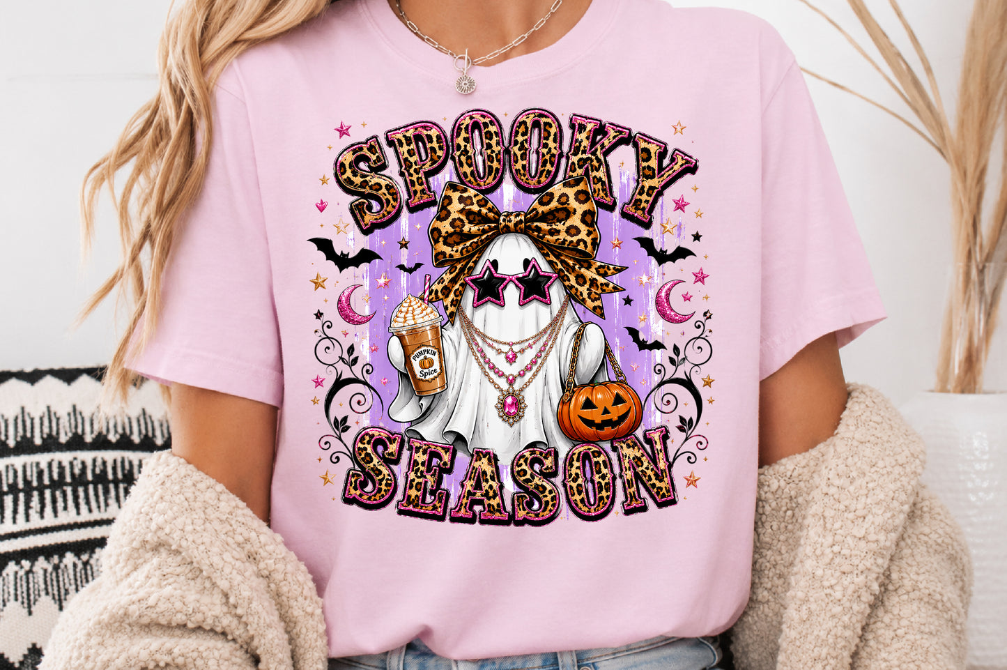 Spooky Season Ghost PNG Leopard Bow Halloween Sublimation Design