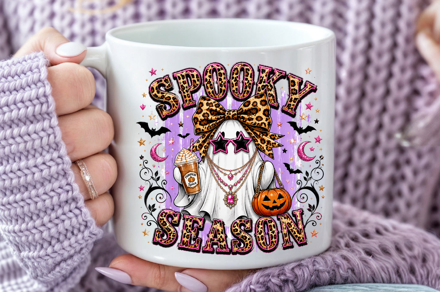 Spooky Season Ghost PNG Leopard Bow Halloween Sublimation Design