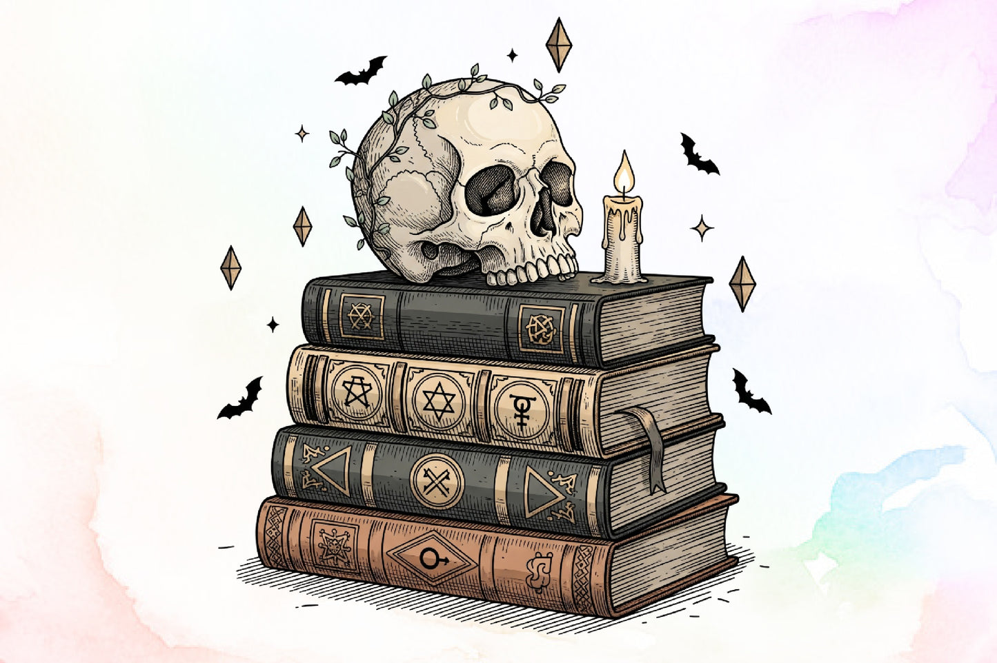 Spooky Skull Spell Books Candle Halloween PNG Design