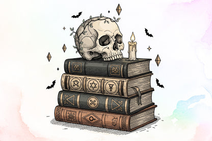 Spooky Skull Spell Books Candle Halloween PNG Design