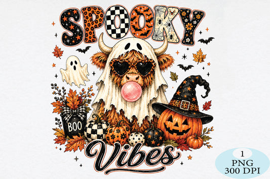 Spooky Vibes Highland Cow Halloween PNG