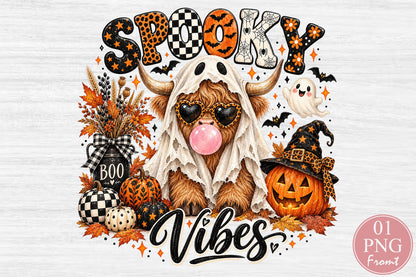 Spooky Vibes Highland Cow PNG Halloween Ghost Cow Pumpkin Sublimation