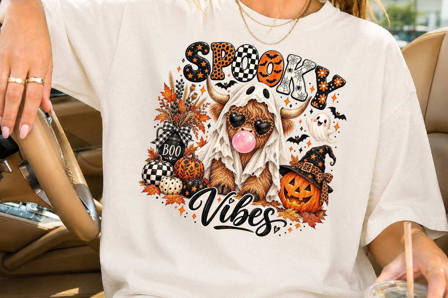 Spooky Vibes Highland Cow PNG Halloween Ghost Cow Pumpkin Sublimation