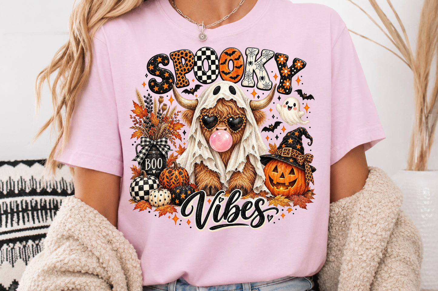 Spooky Vibes Highland Cow PNG Halloween Ghost Cow Pumpkin Sublimation