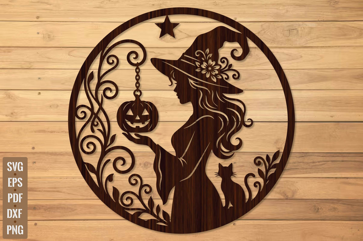 Spooky Witch Halloween Door Hanger Laser Cut SVG, Witch Cat Pumpkin Cut File, Halloween Wall Decor