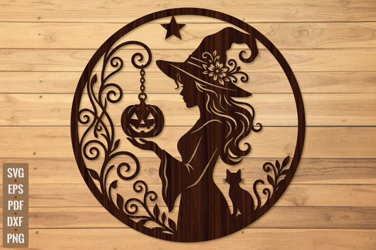 Spooky Witch Halloween Door Hanger Laser Cut SVG, Witch Cat Pumpkin Cut File, Halloween Wall Decor