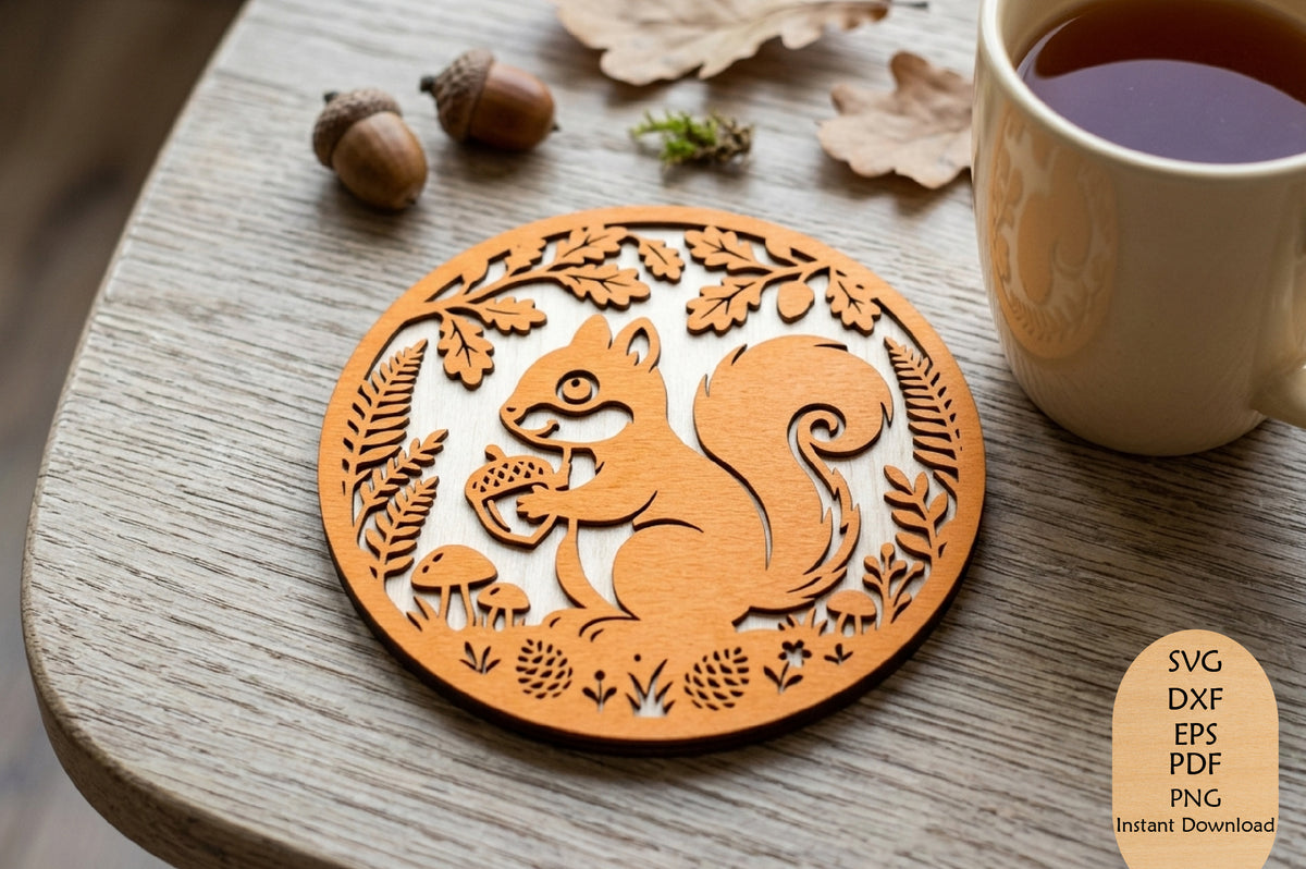 Squirrel Acorn Laser Cut SVG, Woodland Fall Squirrel Autumn Leaf Cut File
