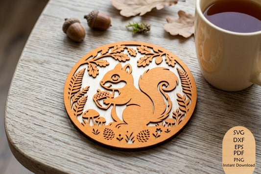 Squirrel Acorn Laser Cut SVG, Woodland Fall Squirrel Autumn Leaf Cut File