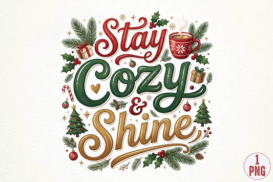 Stay Cozy & Shine Christmas PNG, Christmas Coffee Sublimation Design, Cozy Holiday Shirt PNG